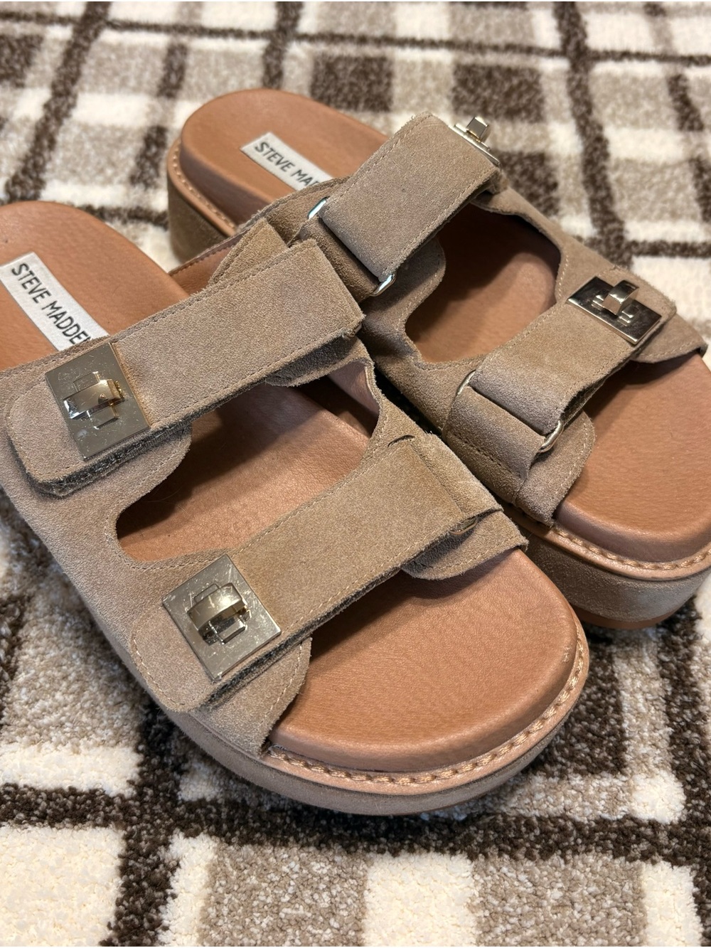 Steve Madden Women's Taupe Suede Double-Strap Slide Sandals